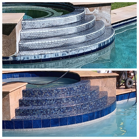 Glass mosaic step tile cleaning before and after
