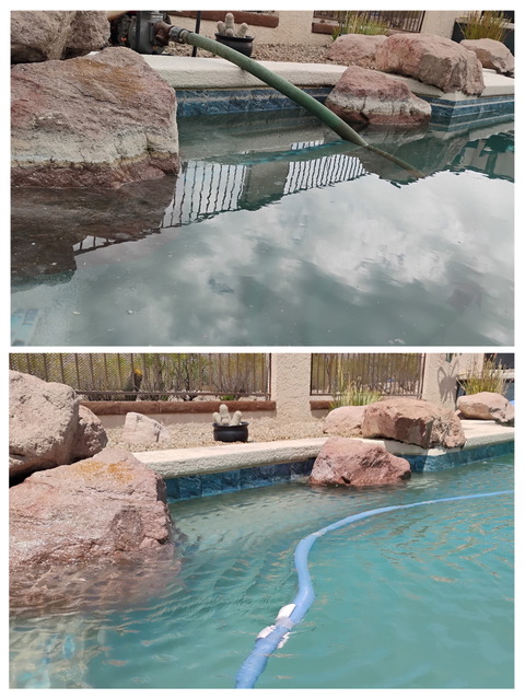 Pool drain and refill with rock feature before and after