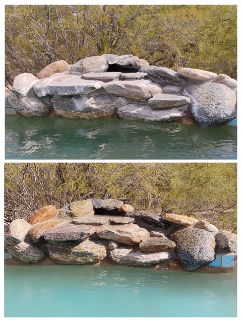 Rock fountain feature cleaning before and after